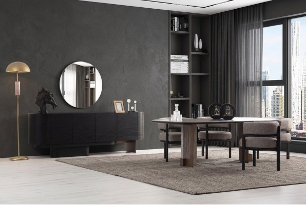 Designer dining room set, dining table, 6 chairs, sideboard, mirror, 9 pieces.