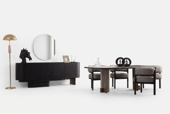 Designer dining room set, dining table, 6 chairs, sideboard, mirror, 9 pieces.