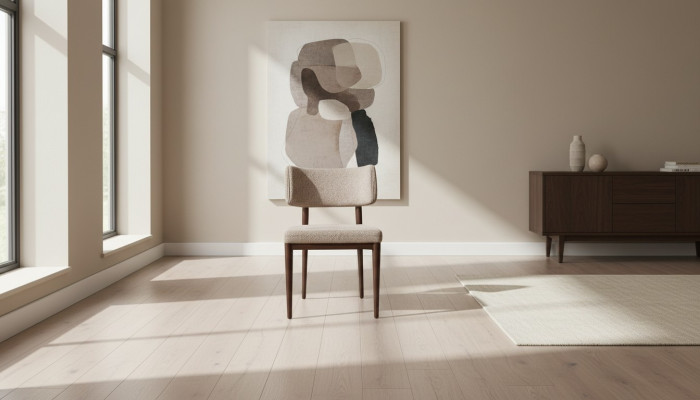 Designer beige fabric chair dining room brown wooden legs designer furniture