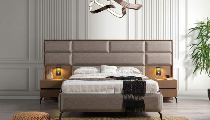 Exclusive Gray Bedroom Double Bed with 2x Bedside Tables 3-piece Set
