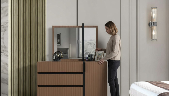 Modern brown bedroom chest of drawers 3x drawers 1-door wooden furniture
