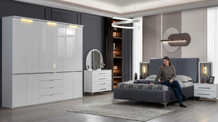 White bedroom furniture textile bed large wardrobe nightstands