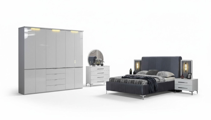 White bedroom furniture textile bed large wardrobe nightstands