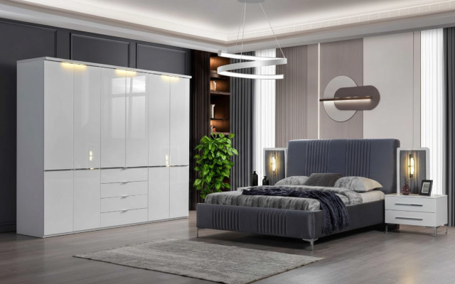 White-Grey Bedroom Furniture Textile Bed Bedside Table Wardrobe 4-piece Set