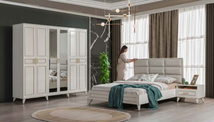 White bedroom furniture wood glass cabinet textile double bed nightstands