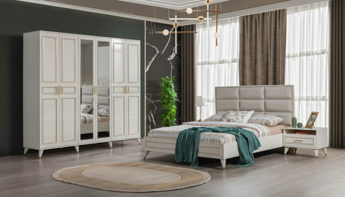 White bedroom furniture wood glass cabinet textile double bed nightstands