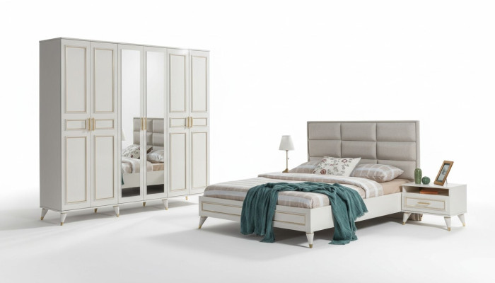 White bedroom furniture wood glass cabinet textile double bed nightstands