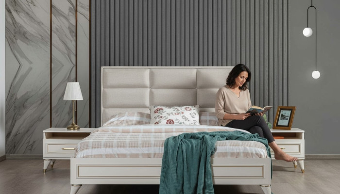 White Bedroom Set Upholstered Double Bed 2x Wooden Nightstands 3-piece Set