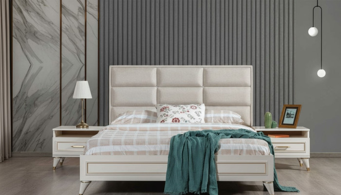 White Bedroom Set Upholstered Double Bed 2x Wooden Nightstands 3-piece Set
