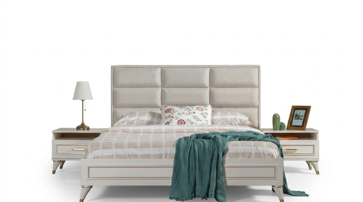 White Bedroom Set Upholstered Double Bed 2x Wooden Nightstands 3-piece Set