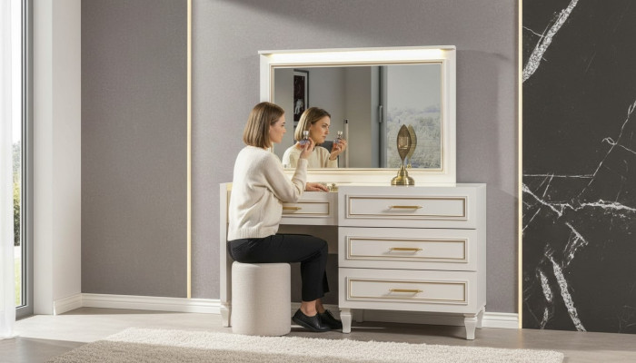 Noble bedroom furniture white dressing table mirror upholstered stool 3-piece set