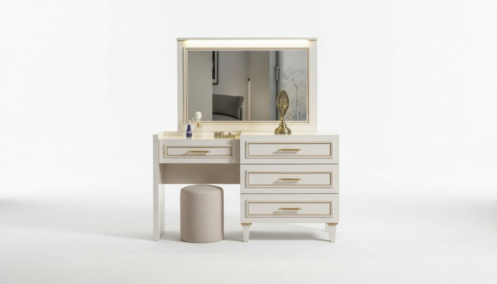 Noble bedroom furniture white dressing table mirror upholstered stool 3-piece set