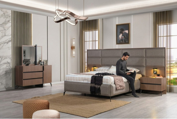 Gray-Brown Double Bed Exclusive Bedroom Dresser Mirror 5-Piece Set