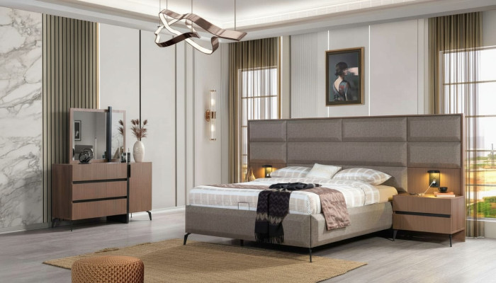 Gray-Brown Double Bed Exclusive Bedroom Dresser Mirror 5-Piece Set