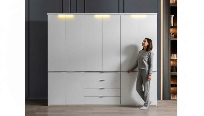 White wardrobe with 4 drawers, bedroom cabinets, wooden furniture