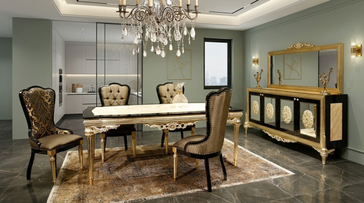 Dining group set dining room dining table set 7-piece luxury brown noble wood