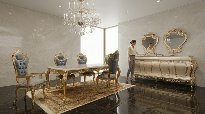 Luxurious dining room set: dining table, 6 chairs, sideboard, cabinet, mirror.