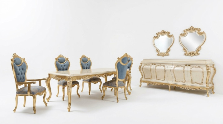 Luxurious dining room set: dining table, 6 chairs, sideboard, cabinet, mirror.