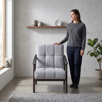 Designer gray armchair living room seating luxurious wooden frame new