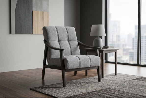 Designer gray armchair living room seating luxurious wooden frame new