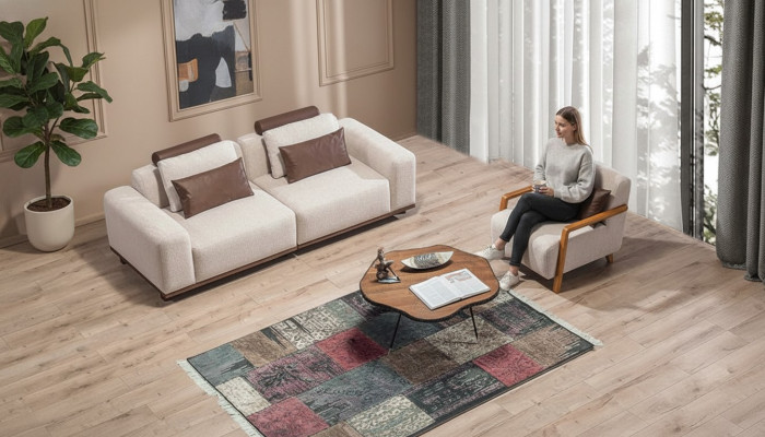 Beige living room sofa set exclusive 2-seater textile armchair upholstered furniture