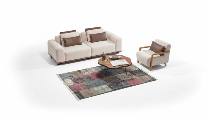 Beige living room sofa set exclusive 2-seater textile armchair upholstered furniture