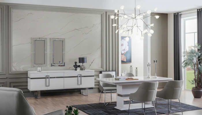 Design dining room set: dining table + 4 chairs + sideboard with 2 mirrors, 8 pieces.