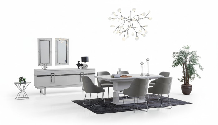 Design dining room set: dining table + 4 chairs + sideboard with 2 mirrors, 8 pieces.