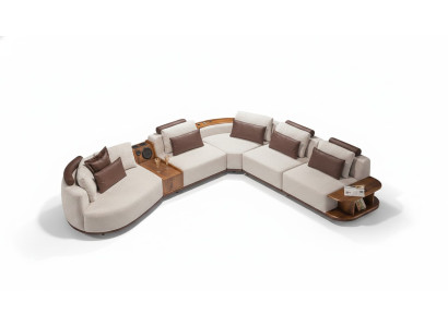 Beige living room corner sofa, exclusive L-shaped couch, modern wooden frame.