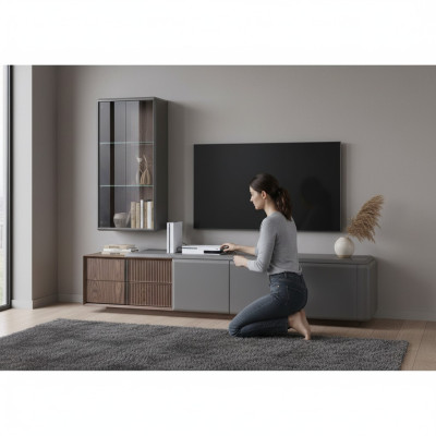 Designer living room set TV cabinet with exclusive wall shelf, 2-piece shelf set.