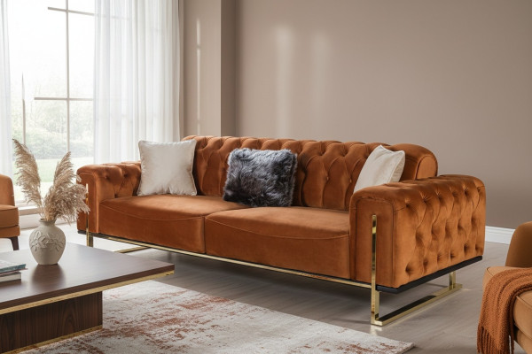 Luxury Chesterfield Sofa 3-seater Brown Cognac Sofas Upholstered Textile Couches