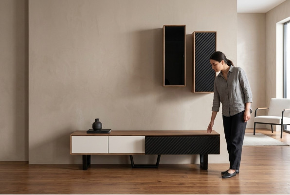 Living room wall unit set, TV stand, 2 wall-mounted cabinets, designer living room walls