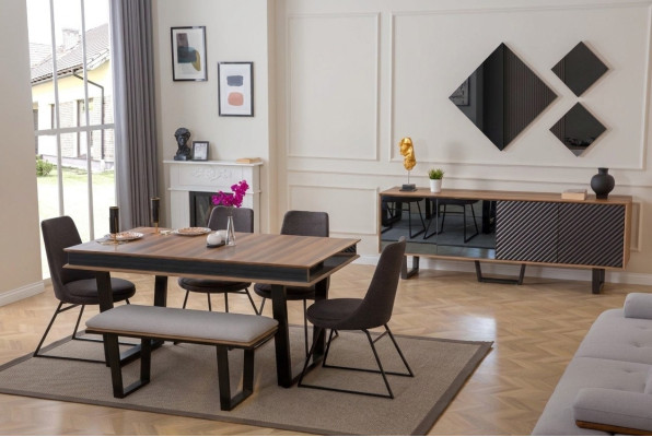 Dining room set: dining table, 4 chairs, bench, sideboard, dining group, 3 mirrors, 10-piece set
