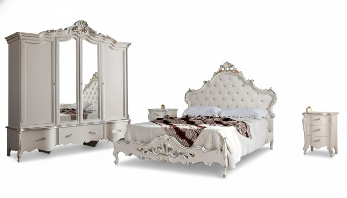 White bedroom set, classic bed, 2x nightstands, wardrobe