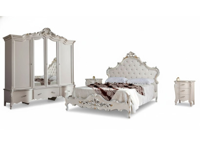 White bedroom set, classic bed, 2x nightstands, wardrobe