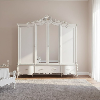 Four-door white classic wardrobe solid wood cabinet design