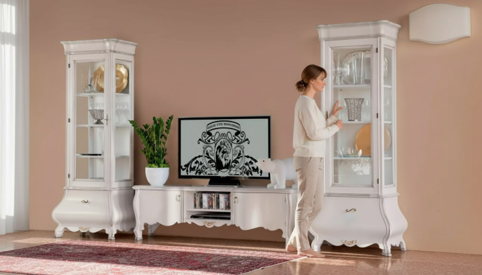 White luxury living room wall furniture 2x display cabinets TV stand classic