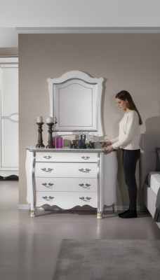 Complete wooden dresser with mirror classic furniture decoration 2-piece set