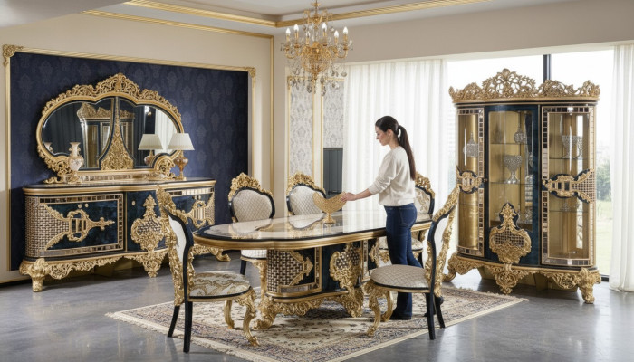 Stylish Black-Gold Dining Room Set Luxury Suite Sideboard Dining Table