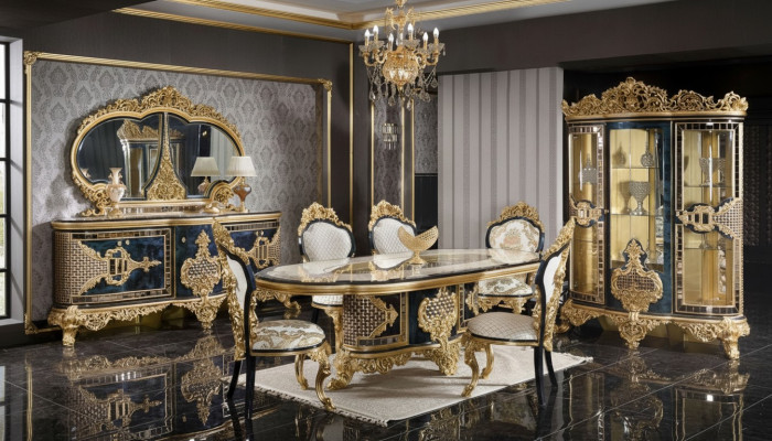 Stylish Black-Gold Dining Room Set Luxury Suite Sideboard Dining Table