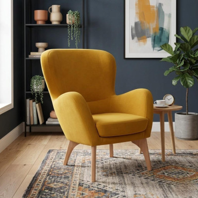 Yellow designer armchair upholstered living room lounge chair elegant single-seater