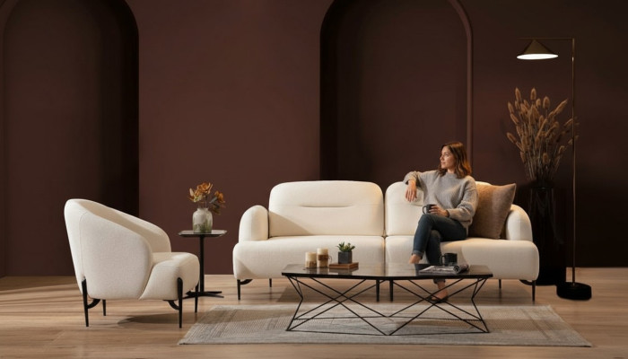 White living room designer suite 3-seater upholstered armchair 2-piece set new