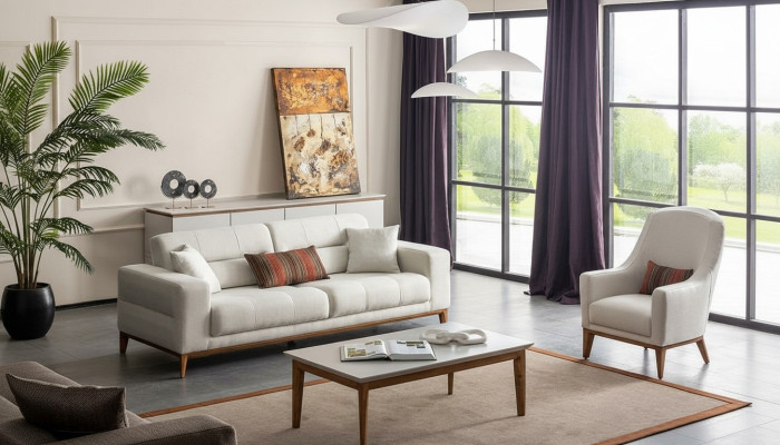 White Exclusive Living Room Textile Suite 3-Seater Luxury Armchair 2-piece Set