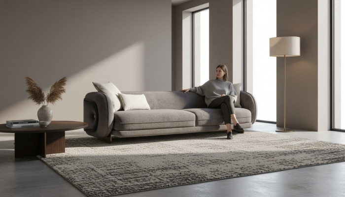 Living Room Gray Fabric Sofa 4-Seater Luxury Furniture Seating Design Couch Lounge