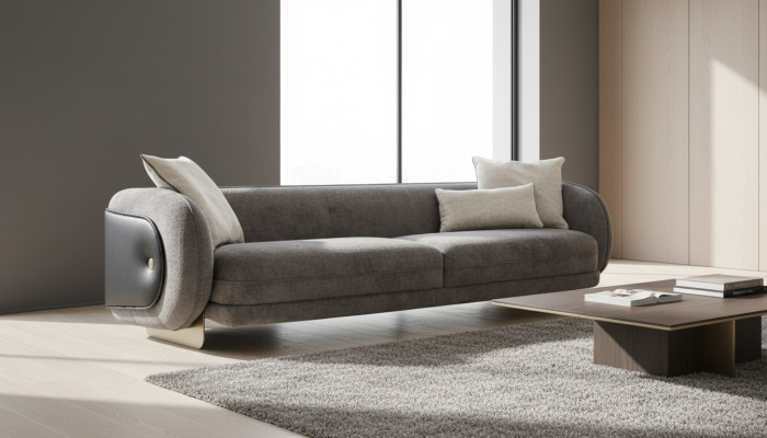 Living Room Gray Fabric Sofa 4-Seater Luxury Furniture Seating Design Couch Lounge