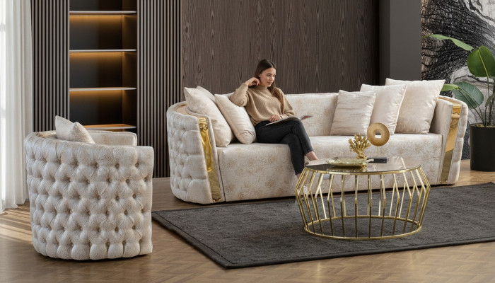 Chesterfield Beige Living Room Sofas Stainless Steel 3-Seater Luxury 1-Seater