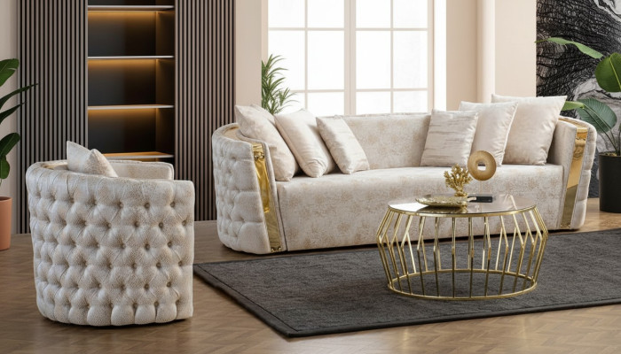 Chesterfield Beige Living Room Sofas Stainless Steel 3-Seater Luxury 1-Seater