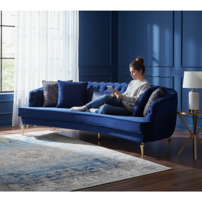 Half-round Chesterfield Blue 4-Seater Designer Upholstered Noble Couch New
