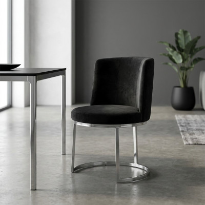 Black designer chair with stainless steel base, modern dining chairs, new.