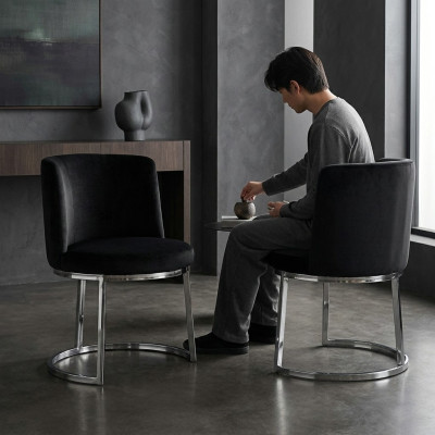 Black designer chairs (set of 2) with stainless steel legs, modern dining chairs.